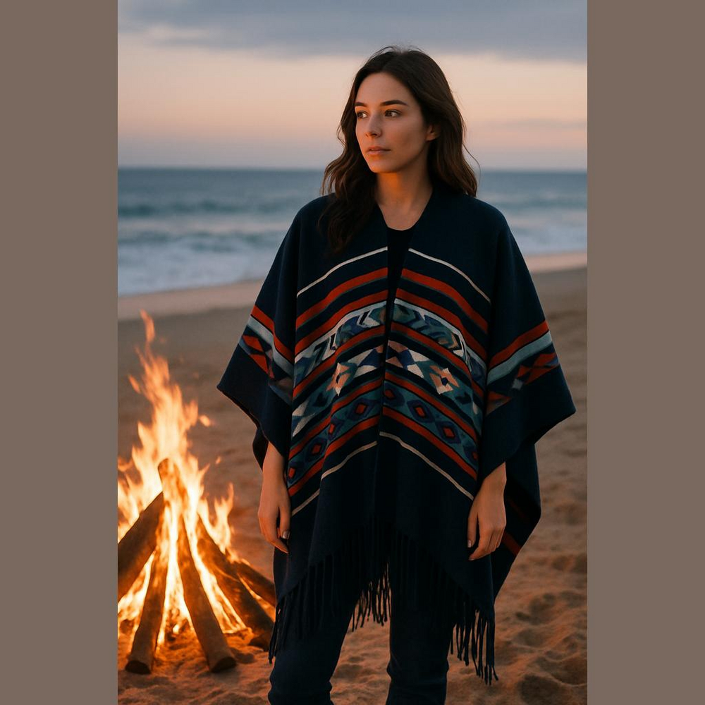 Bradford Exchange Women's One Size Blue Orange Aztec Western Fringe Shawl Wrap